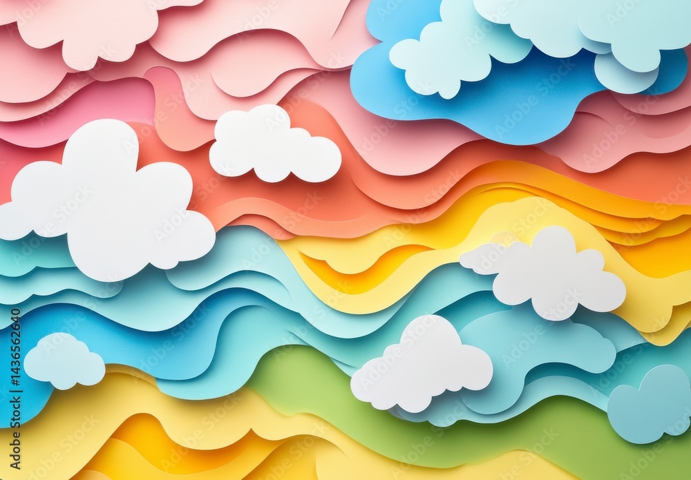 Layered Pastel Rainbow Landscape with Paper Clouds and Waves Layered Pastel Rainbow Landscape with Paper Clouds and Waves