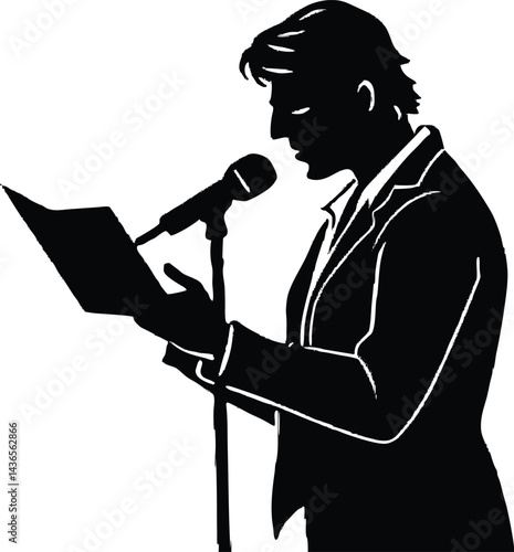poet reading at mic silhouette