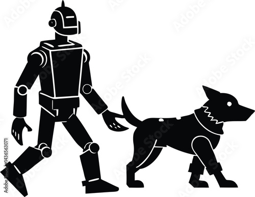 robot dog walking beside owner silhouette