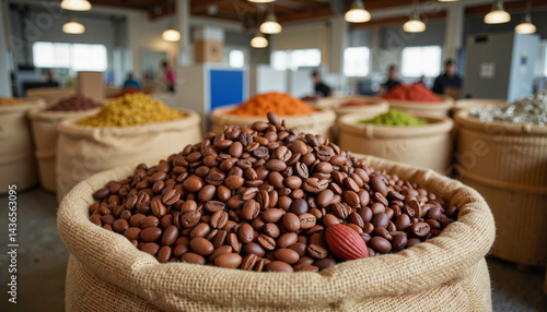 Coffee beans stacked in burlap sacks in a bright warehouse  