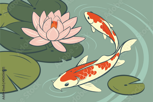 89 Serene koi pond, blooming pink lotus flower, vibrant koi fish swimming, lily pads, reflective water surface, close-up photography, shallow depth of field, tranquil atmosphere, Japanese garden aesth