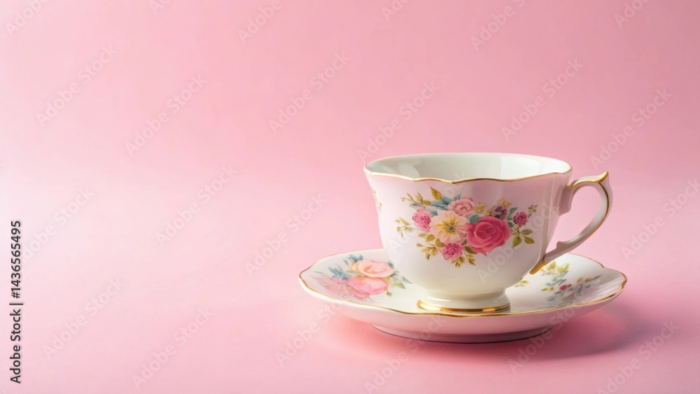 A Delicate Floral Teacup and Saucer Resting on a Soft Pink Background A Delicate Floral Teacup and Saucer Resting on a Soft Pink Background