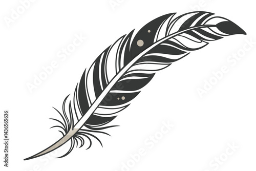 90 Elegant curved feather, black and gold gradient, minimalist design, delicate leaf motif, artistic quill, white background, shadow detail, sleek modern illustration, botanical inspiration, sophistic