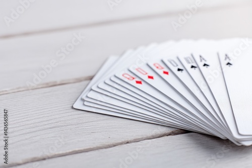 minimalistic photo captures neatly arranged deck of playing cards fanned out on pristine wooden table