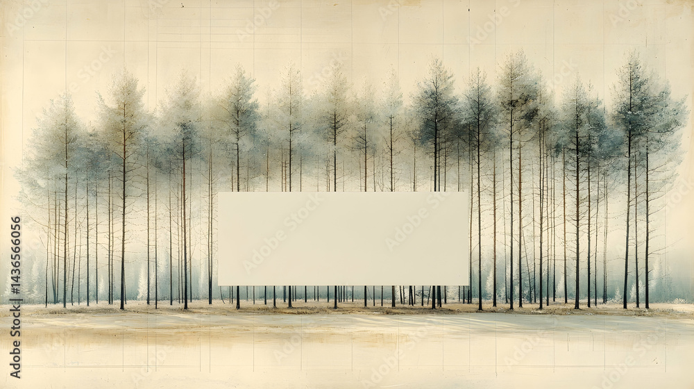 Obraz premium Blank canvas amidst a serene winter forest Trees stand tall casting shadows on the snowy ground