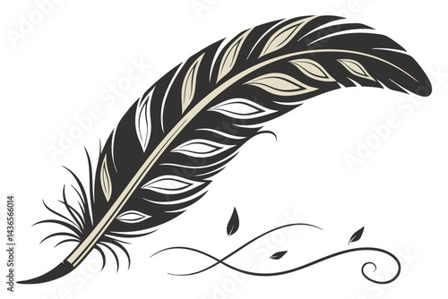 90 Elegant curved feather, black and gold gradient, minimalist design, delicate leaf motif, artistic quill, white background, shadow detail, sleek modern illustration, botanical inspiration, sophistic