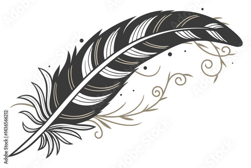 90 Elegant curved feather, black and gold gradient, minimalist design, delicate leaf motif, artistic quill, white background, shadow detail, sleek modern illustration, botanical inspiration, sophistic