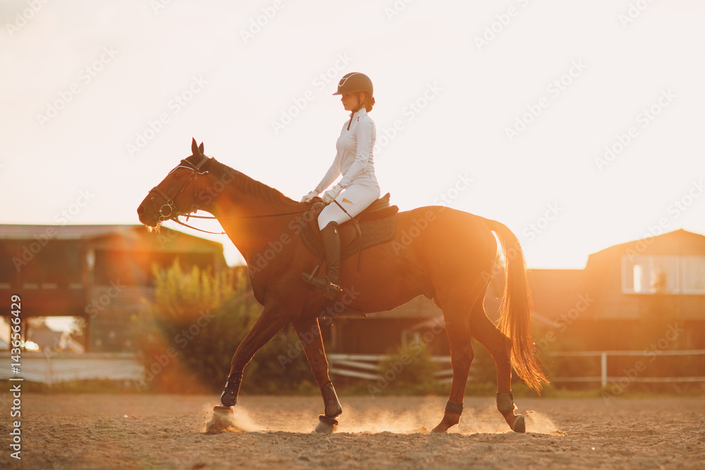 Woman rider jockey in helmet and white uniform preparing horse racing