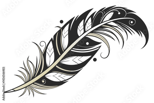 90 Elegant curved feather, black and gold gradient, minimalist design, delicate leaf motif, artistic quill, white background, shadow detail, sleek modern illustration, botanical inspiration, sophistic