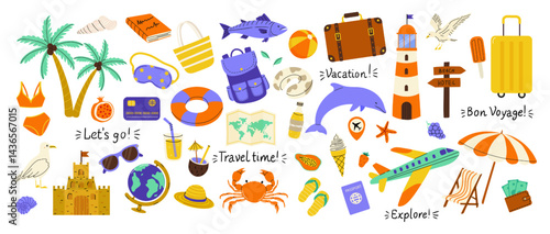 Vacation essentials for summer trips and seaside adventures filled with fun illustrations