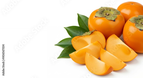Persimmon Fruit and Slices on White Background