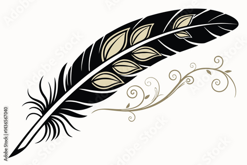 90 Elegant curved feather, black and gold gradient, minimalist design, delicate leaf motif, artistic quill, white background, shadow detail, sleek modern illustration, botanical inspiration, sophistic