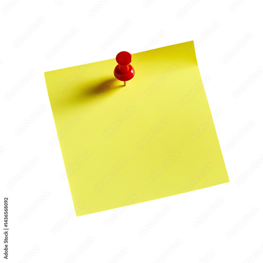 Yellow sticky note, red pushpin, blank memo, isolated on transparent background Yellow sticky note, red pushpin, blank memo, isolated on transparent background
