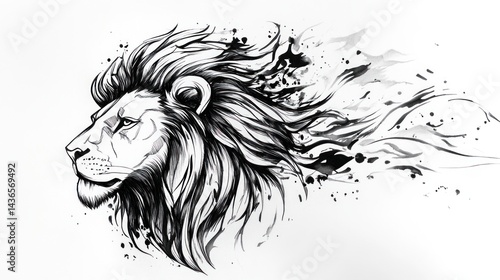 Majestic lion profile, ink splash background, wildlife art, design element