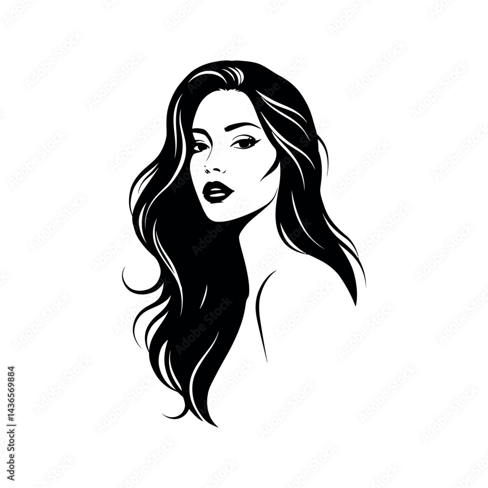Elegant Woman Portrait Black and White Line Art Illustration of a Beautiful Woman with Long Flowing Hair Elegant Woman Portrait Black and White Line Art Illustration of a Beautiful Woman with Long Flowing Hair