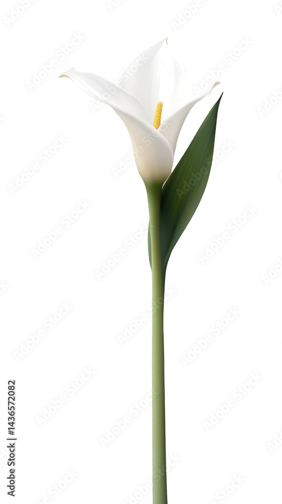 Fototapeta premium Elegant White Calla Lily on Transparent Background – Realistic High-Quality Flower Illustration for Sympathy, Memorial, Wedding, or Thank You Designs.
