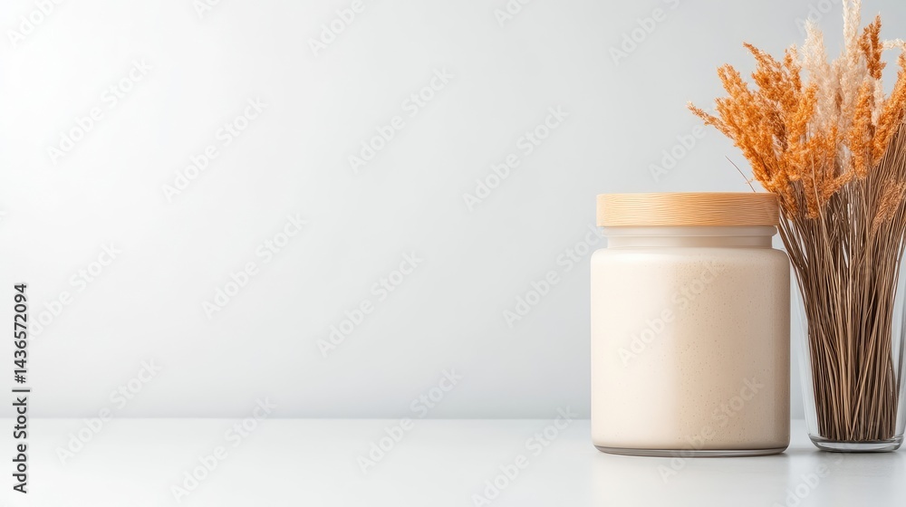 A glass jar with a wooden lid and a vase of dried flowers on a minimalist white surface, elegant home decor composition, and natural and serene setting. A glass jar with a wooden lid and a vase of dried flowers on a minimalist white surface, elegant home decor composition, and natural and serene setting.