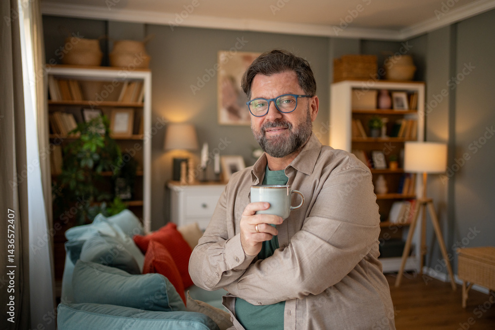 Smiling man drinking coffee in living room at home Smiling man drinking coffee in living room at home
