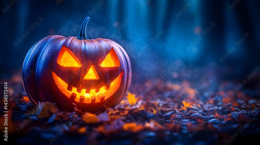 Glowing Halloween Pumpkin in Dark Forest with Spooky Atmosphere Glowing Halloween Pumpkin in Dark Forest with Spooky Atmosphere