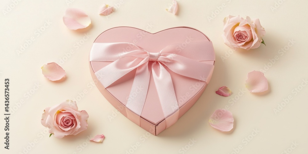Pink Heart Gift Box with Roses and Petals on Beige Background Pink Heart Gift Box with Roses and Petals on Beige Background