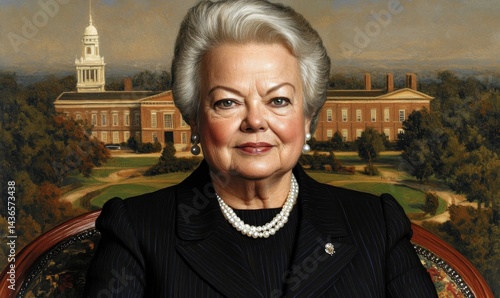 Portrait of woman, campus backdrop, leadership, university setting, professional headshot