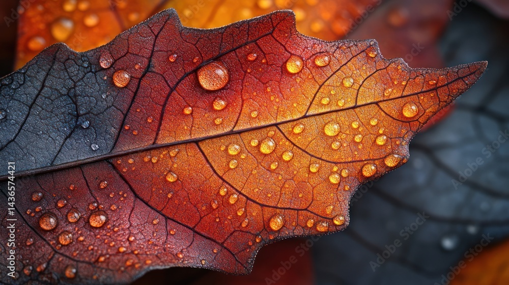 Fototapeta premium Close up of a colorful autumn leaf covered in water droplets.