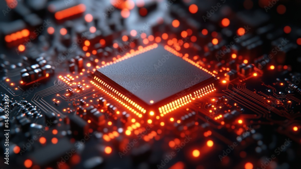 Close up of a computer chip on a circuit board with orange glow. Close up of a computer chip on a circuit board with orange glow.