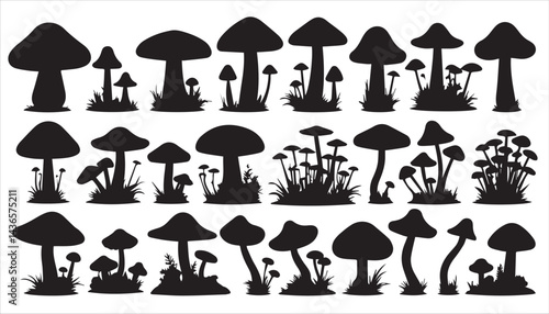 A set of trees vector art shows a cute seamless pattern with autumn nature elements like mushrooms and toadstools