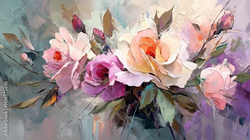 Vibrant and Playful 3D Textured Spring Abstract Oil Painting with Pink Roses