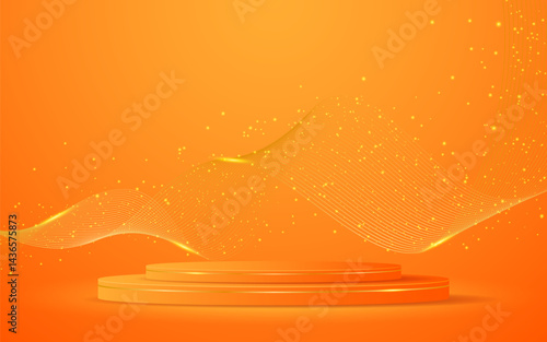 Orange podium with elegant gold wave lines on the back for product presentation. Display of cosmetic products. Stage or podium. vector illustration	