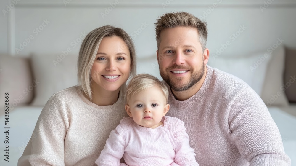 A happy family of three sitting together on a cozy bed, featuring parents and their baby, soft lighting, warm and loving atmosphere, and indoor setting. A happy family of three sitting together on a cozy bed, featuring parents and their baby, soft lighting, warm and loving atmosphere, and indoor setting.