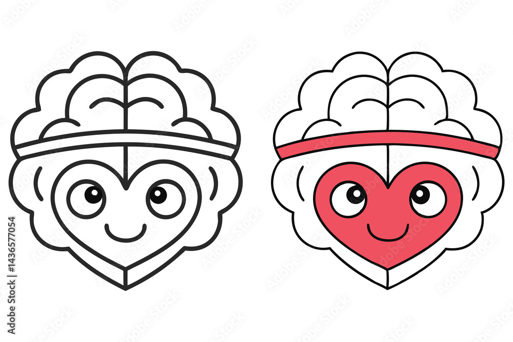 Smiling Brain Heart Outline Icons with Band, Comic Style, Love Concept, White Background Smiling Brain Heart Outline Icons with Band, Comic Style, Love Concept, White Background
