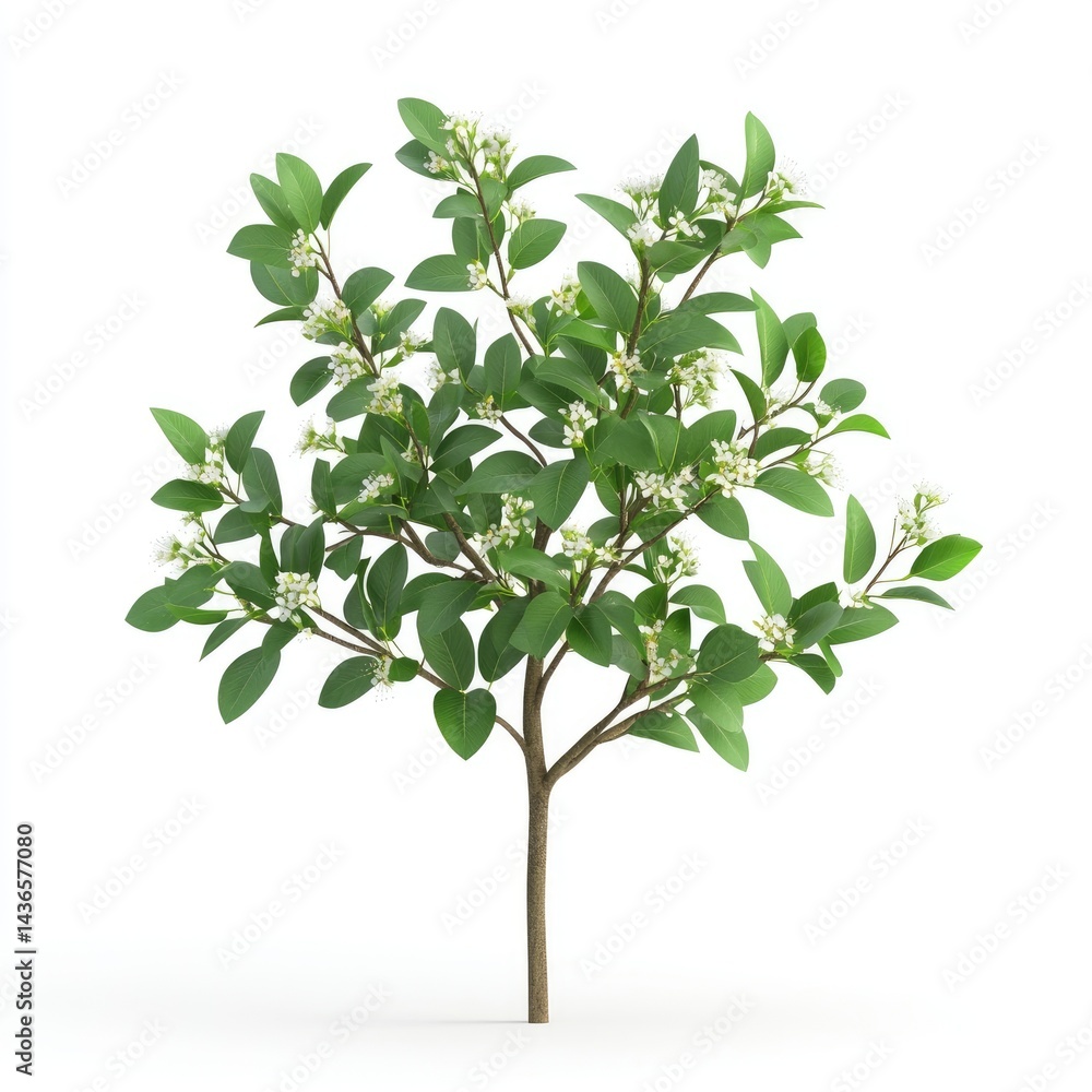 Fototapeta premium Small flowering shrub with vibrant green leaves.