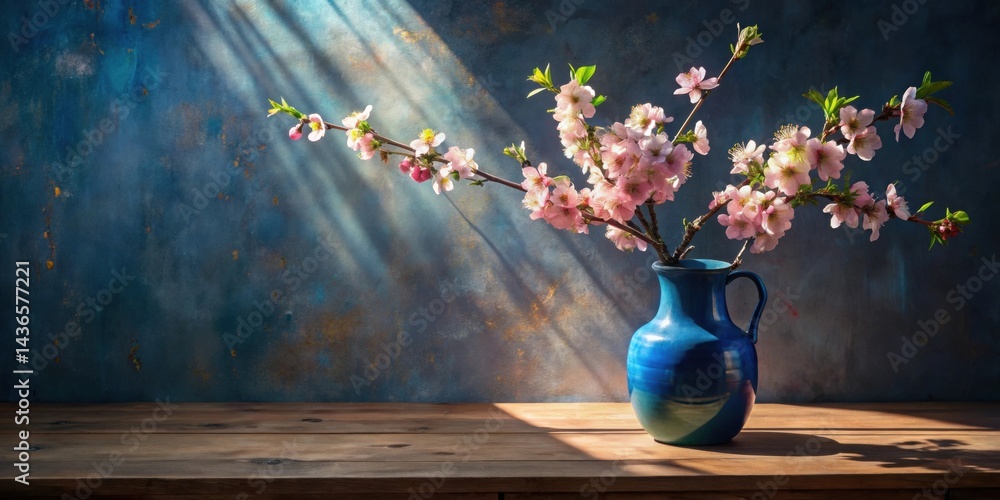 A delicate arrangement of blossoming branches in a vibrant blue vase, bathed in sunlight against a textured backdrop