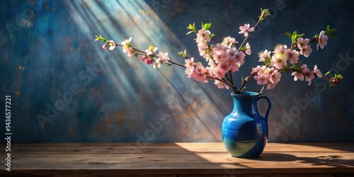 Obraz na płótnie A delicate arrangement of blossoming branches in a vibrant blue vase, bathed in sunlight against a textured backdrop w salonie
