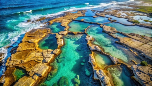 Obraz na płótnie Ocean's Embrace A Coastal Aerial View of Interlocking Rock Pools and Turquoise Waters w salonie