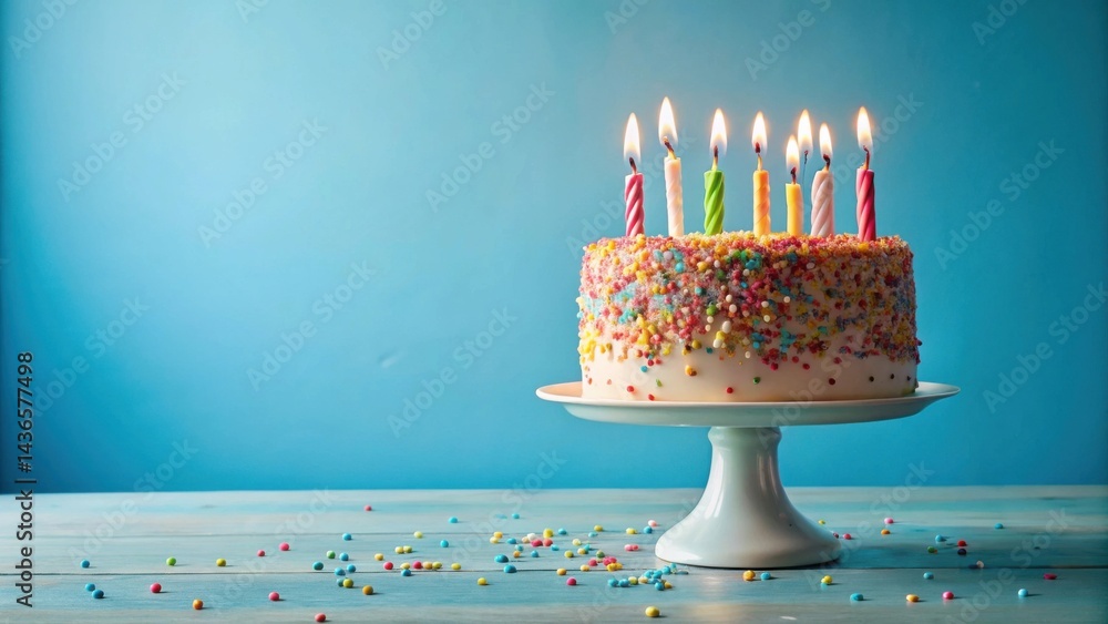 A Festive Celebration Cake with Brightly Colored Candles and Sprinkles on a Pastel Blue Table