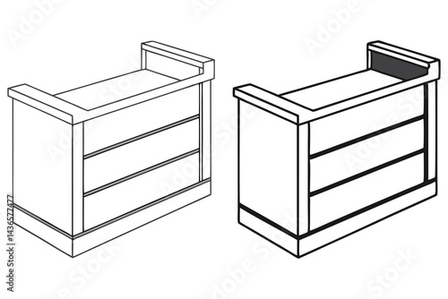 Reception Desk Line Art, Transparent Background, Counter With Drawers, Store Furniture
