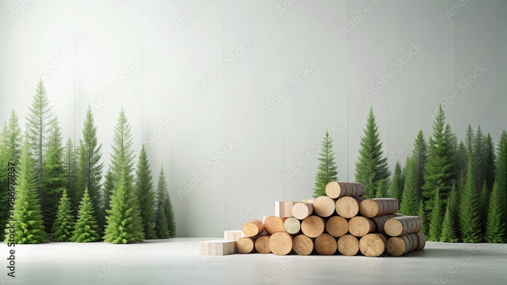 Serene Minimalist Interior Design Featuring a Stack of Wood Logs Against a Wall Backdrop of Evergreen Trees