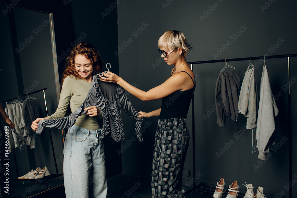 Stylist designer helping choose clothes dress to customer client