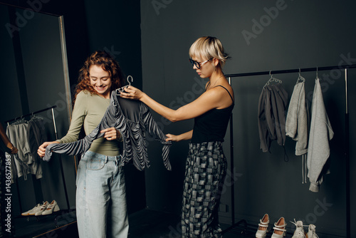 Obraz na płótnie Stylist designer helping choose clothes dress to customer client w salonie