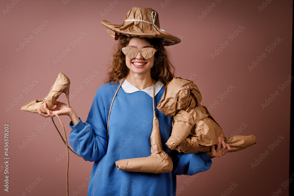Young positive smiling woman receives surprise gift and holding in hands bunch of gifts wrapped in rustic beige craft paper. Hat, shoes, hair dryer, soft toy and glasses