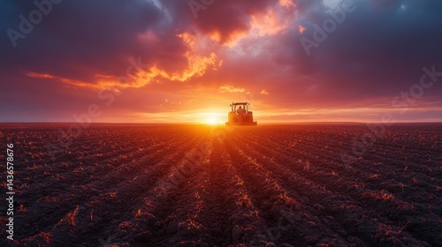 Fototapeta Naklejka Na Ścianę i Meble -  Tractor in field at sunset with dramatic sky and warm colors.