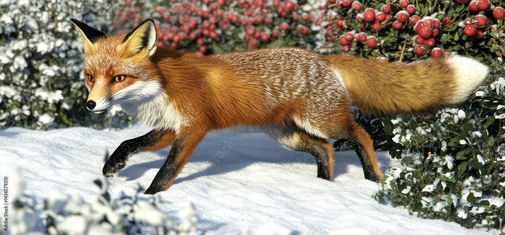 Obraz premium Red fox running in snowy woodland, winter scene