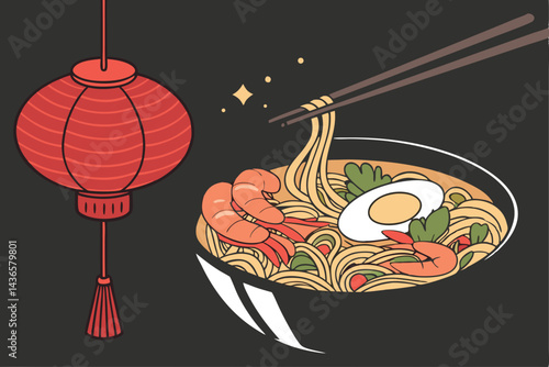 93 Asian noodle bowl, steaming ramen, fresh vegetables, boiled egg, shrimp, mushrooms, black ceramic bowl, red lantern, dark background, vibrant colors, food photography, dramatic lighting, high contr