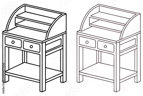 Isometric Roll Top Desk Outline Drawing with Drawers and Shelf Unit