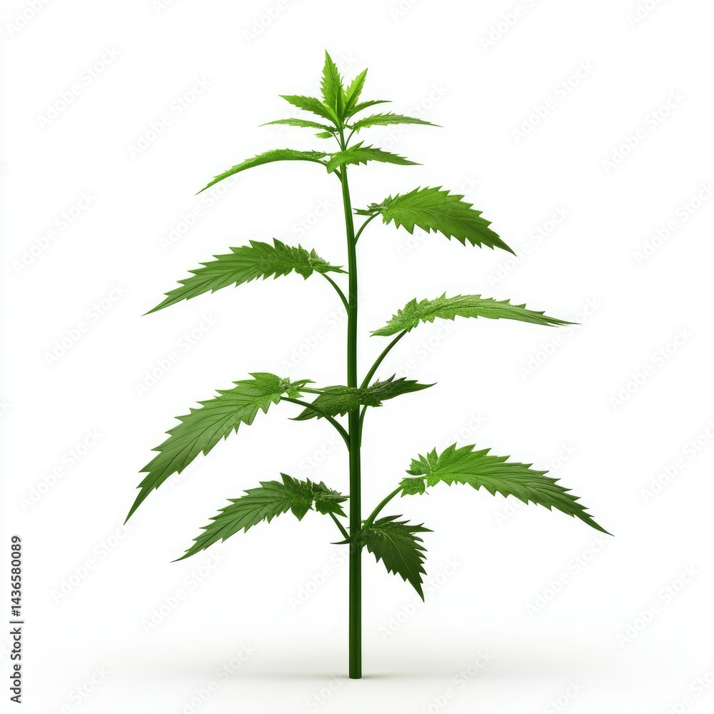 Fototapeta premium Green cannabis plant stands tall against a plain background.