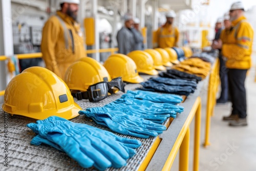 Safety equipment organized for team briefing at industrial site during workday