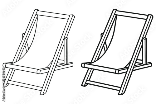 Two Outline Deckchairs, Black and White Line Art on Transparent Background