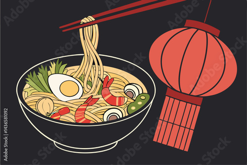 93 Asian noodle bowl, steaming ramen, fresh vegetables, boiled egg, shrimp, mushrooms, black ceramic bowl, red lantern, dark background, vibrant colors, food photography, dramatic lighting, high contr